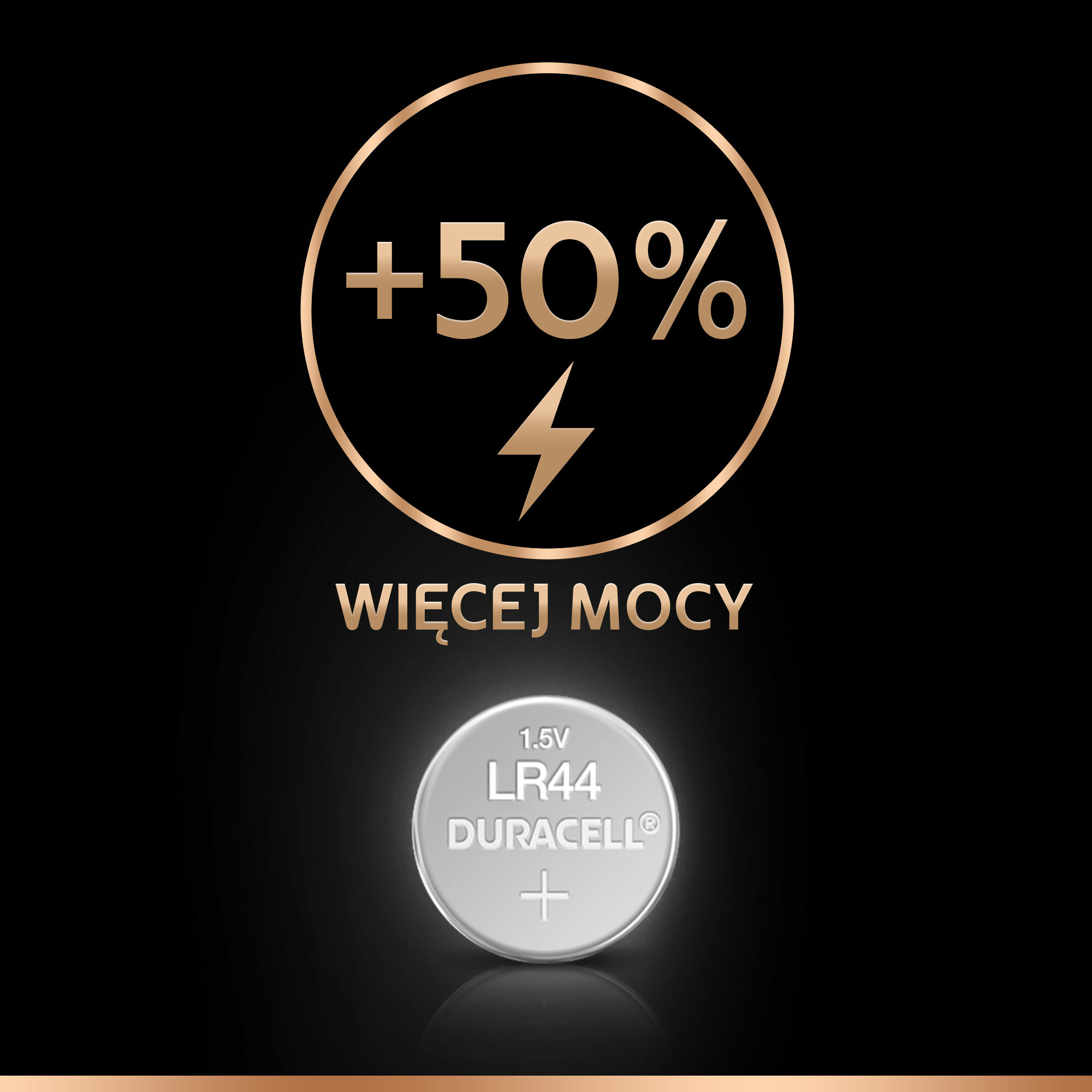 Bateria Duracell z grafiką '+50% WIĘCEJ MOCY'. Złoty okrąg z piorunem.