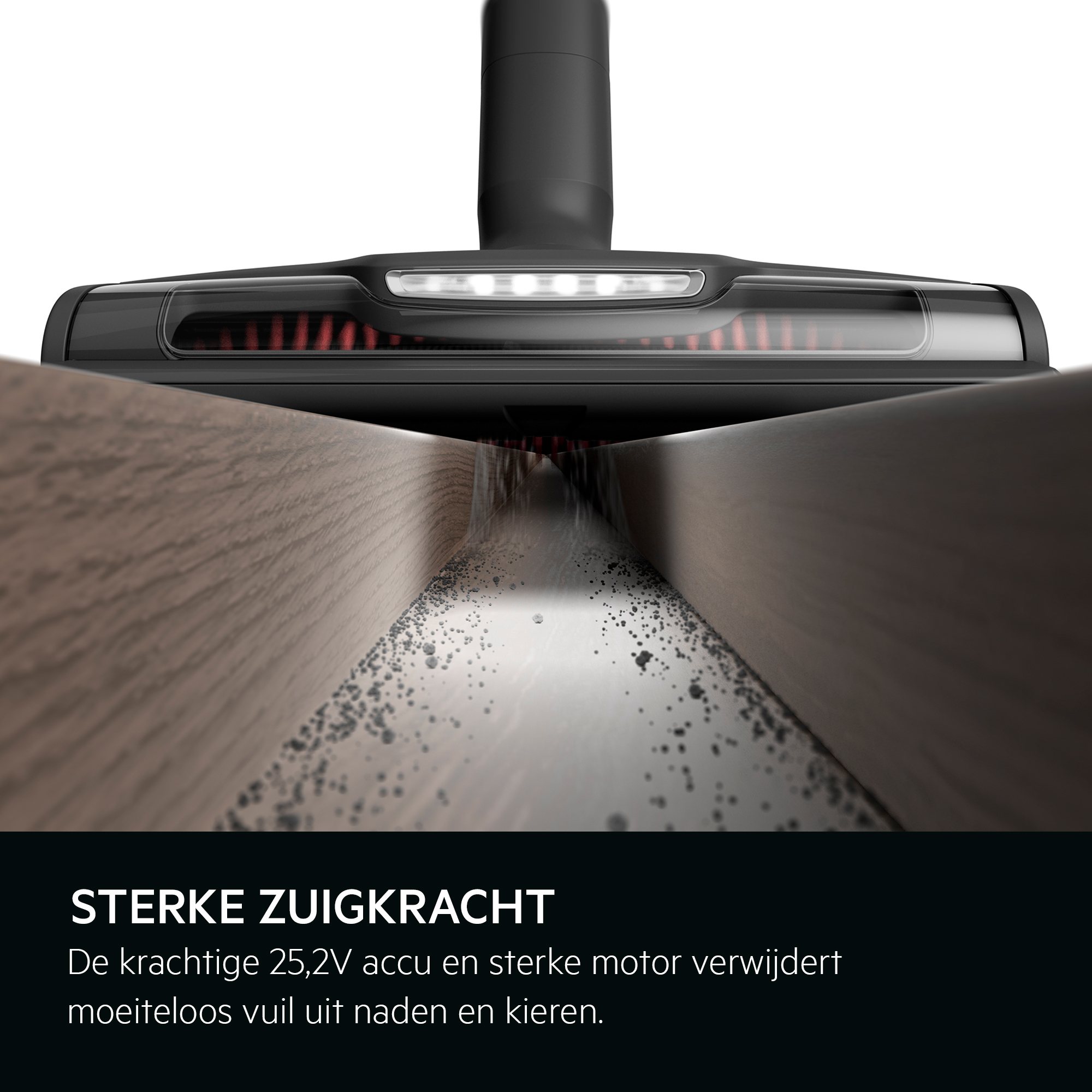 Vacuum cleaner head cleaning a wooden floor. Text says: "Strong suction". Debris is visible.
