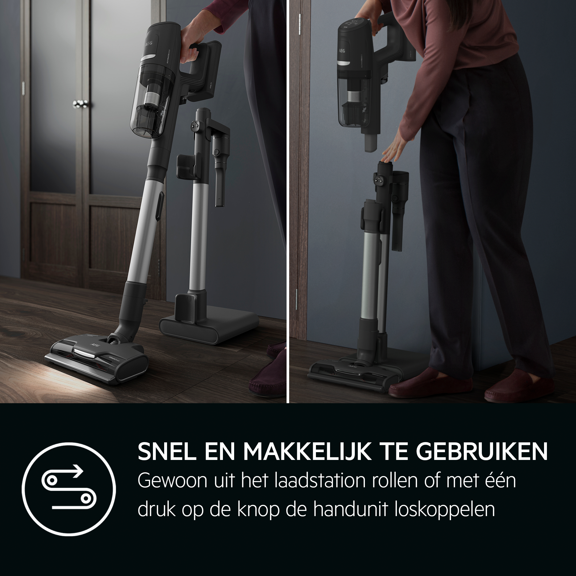 Two images: a woman using a cordless vacuum, then the vacuum detached from the base.