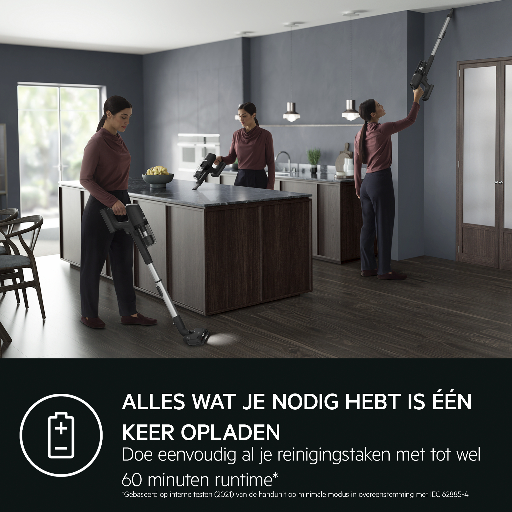 Three women cleaning a room with a cordless vacuum. Text about battery life and cleaning time.