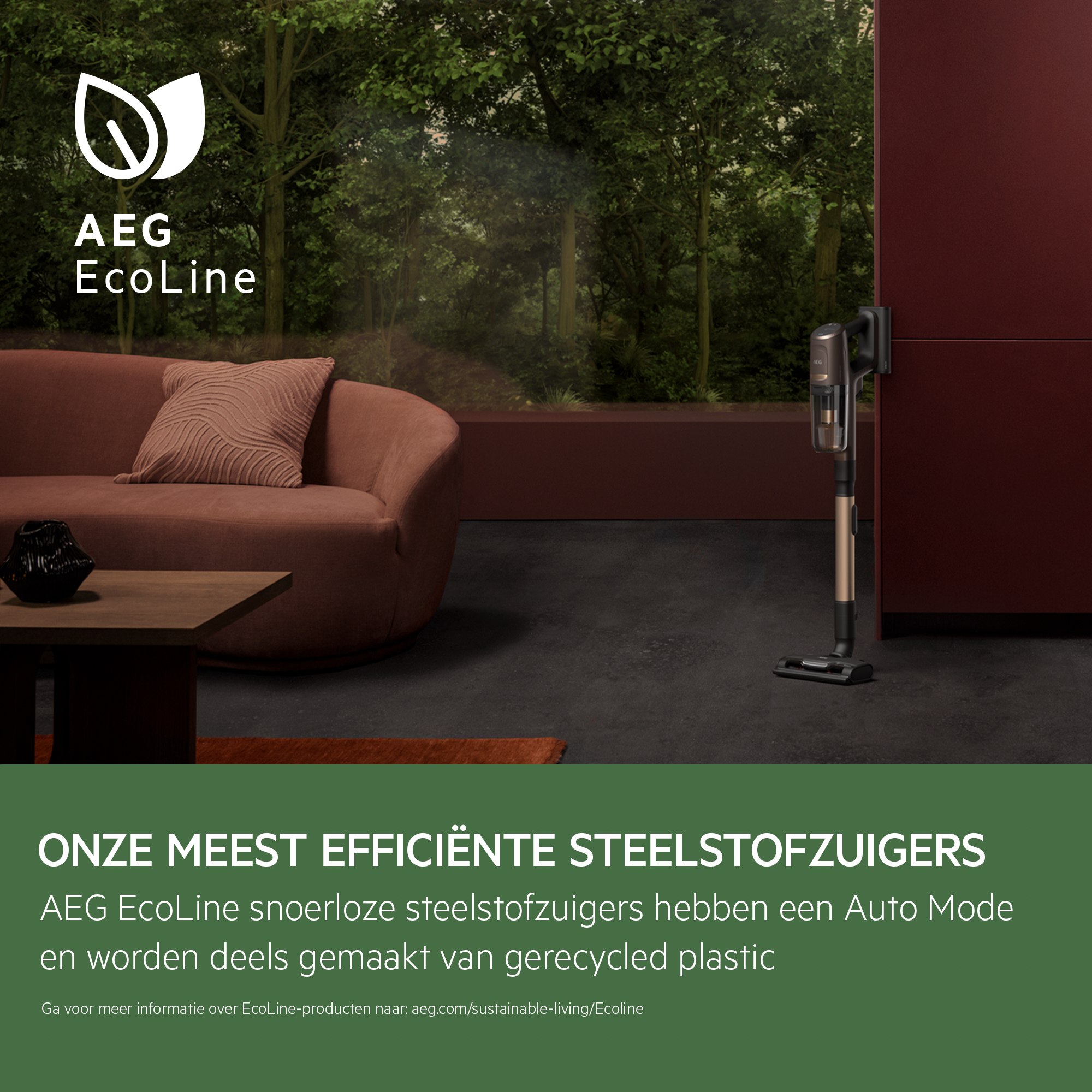 A modern living room with a vacuum cleaner. Text: "Our most efficient cordless vacuum cleaners".