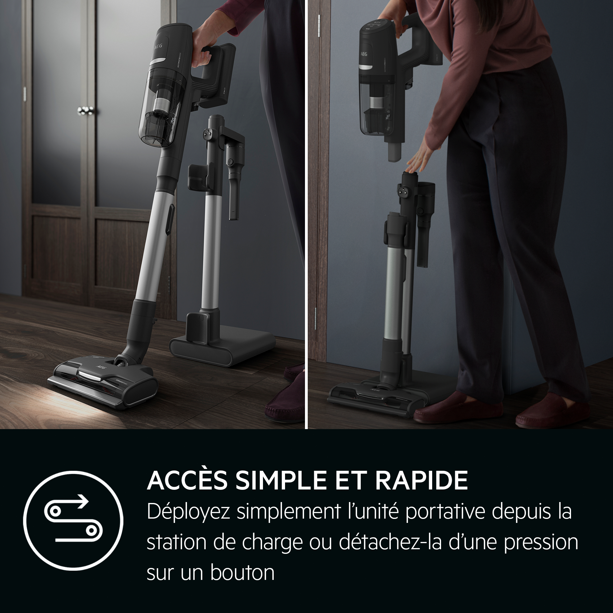 Aspirateur en deux vues. Un assemblé, l'autre démonté. Texte en dessous.