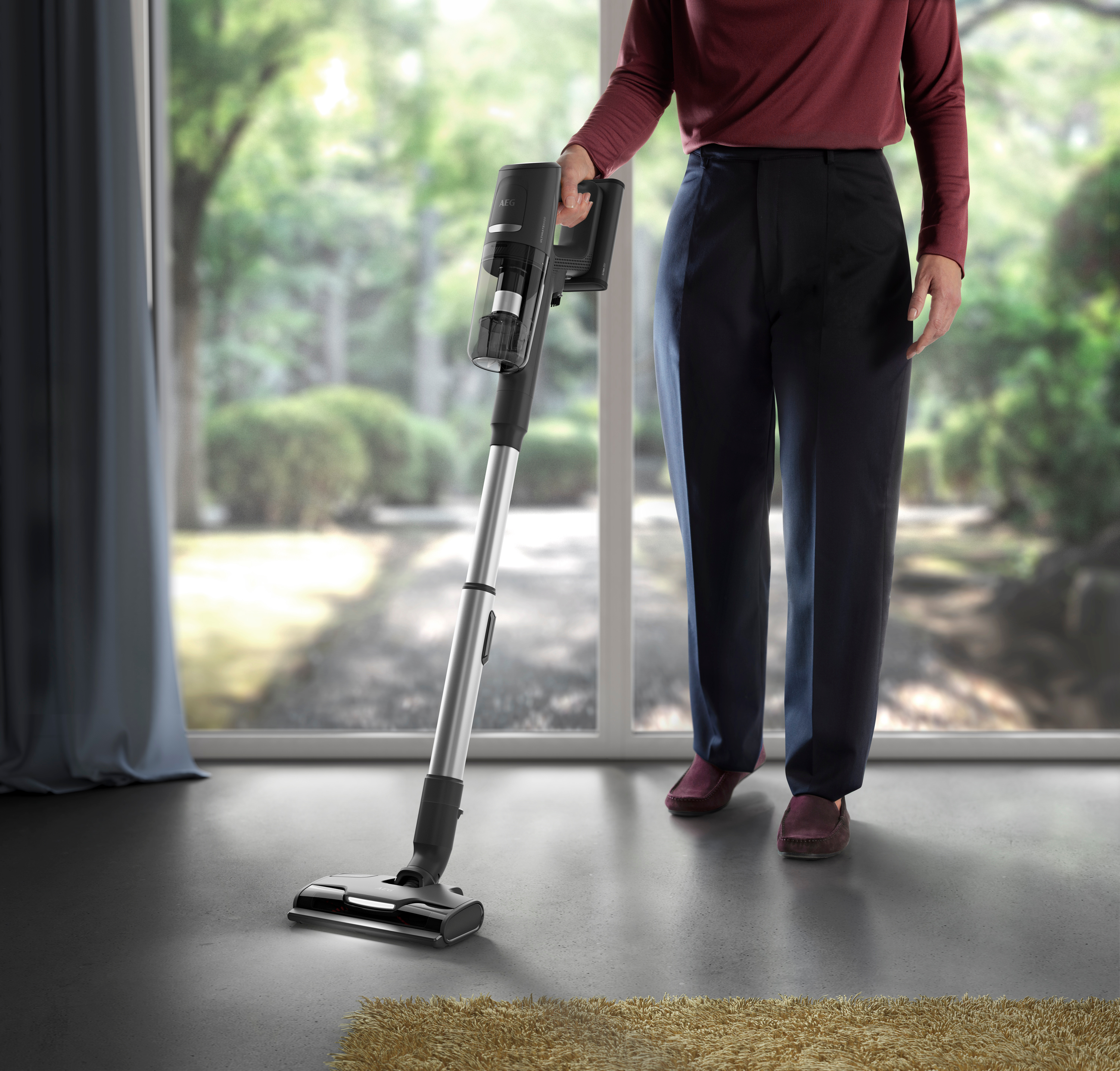 Person holding a vacuum cleaner. The room has large windows and a rug on the floor.