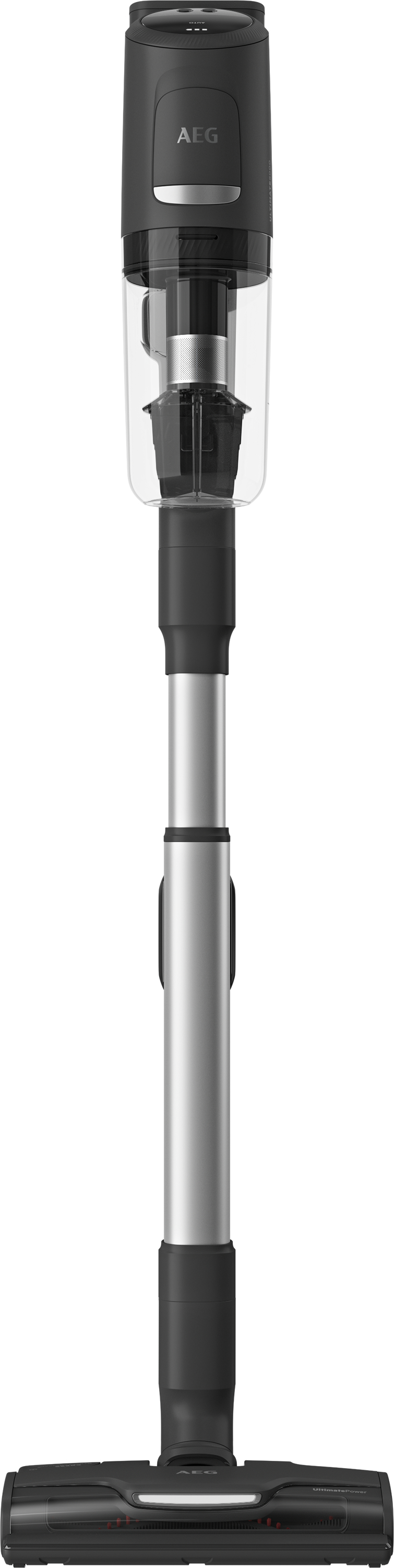 A black and silver AEG vacuum cleaner.
