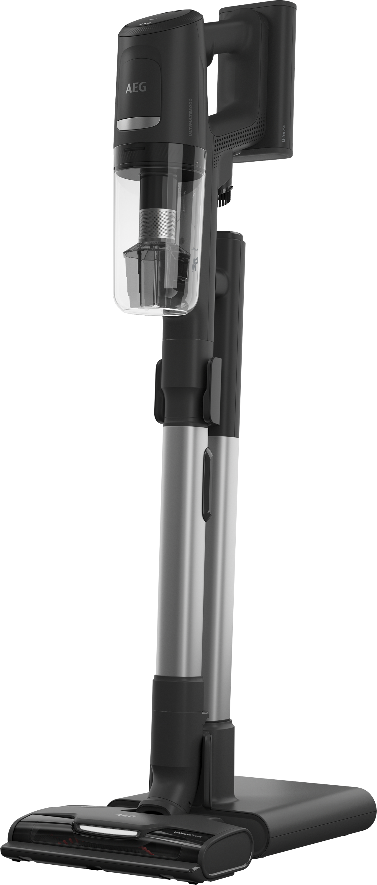 AEG cordless vacuum cleaner, black and silver design. Standing on a charging base.