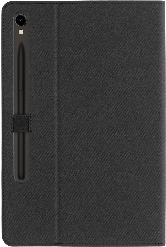 Black tablet case with a stylus pen attached, closed. The case is black.