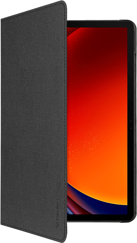 A black tablet case is open, revealing a bright orange and red screen.