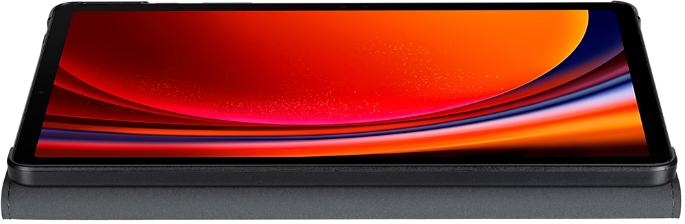 Tablet on a case. Display shows a colorful abstract design with red and orange hues.