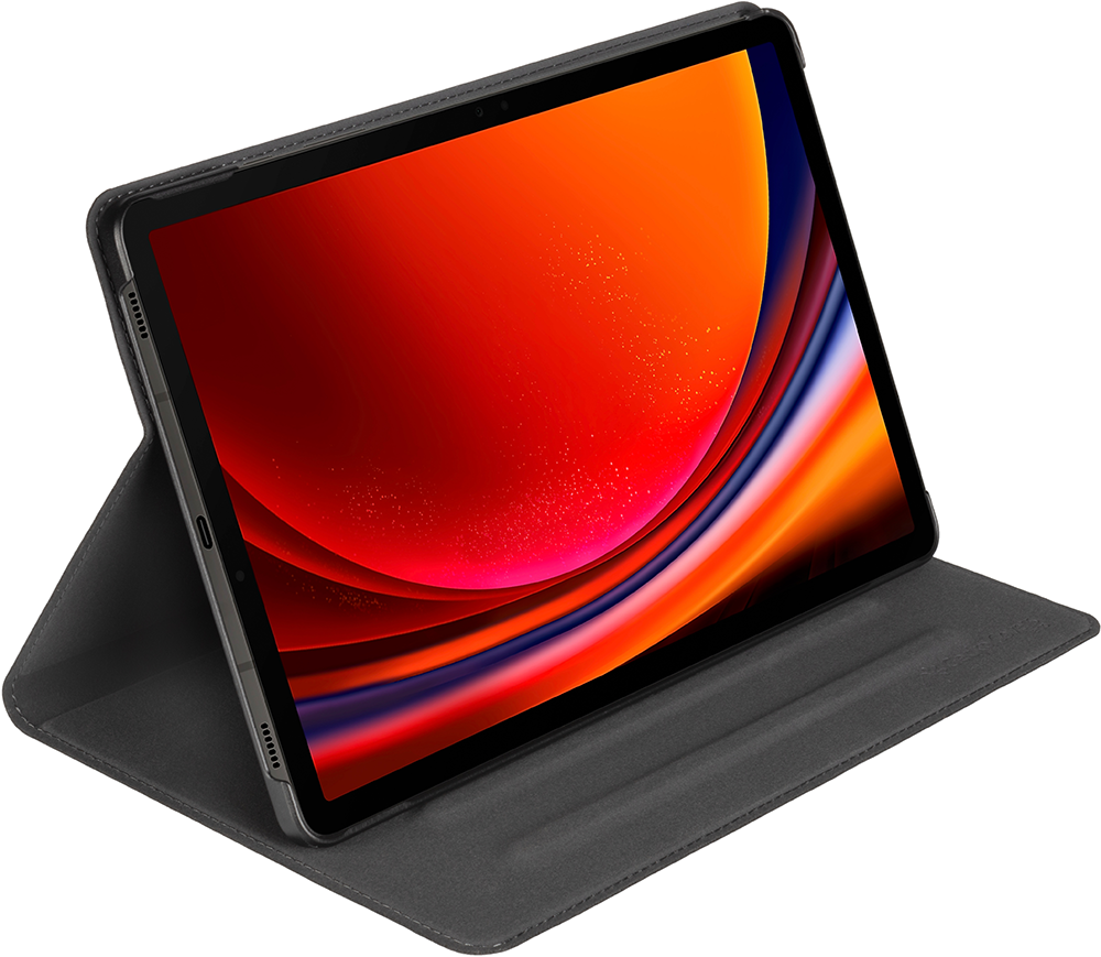 A tablet in a gray case, with a red and orange screen, open at an angle.