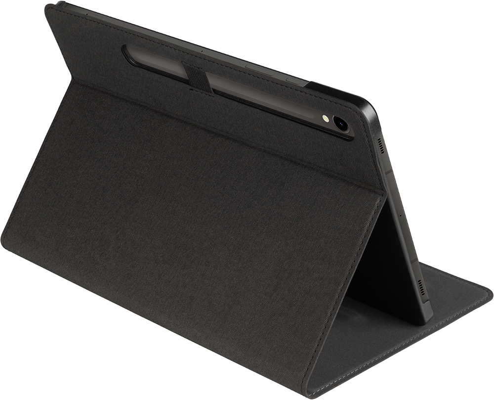 A dark gray tablet case with an attached stylus. The case is angled and open.