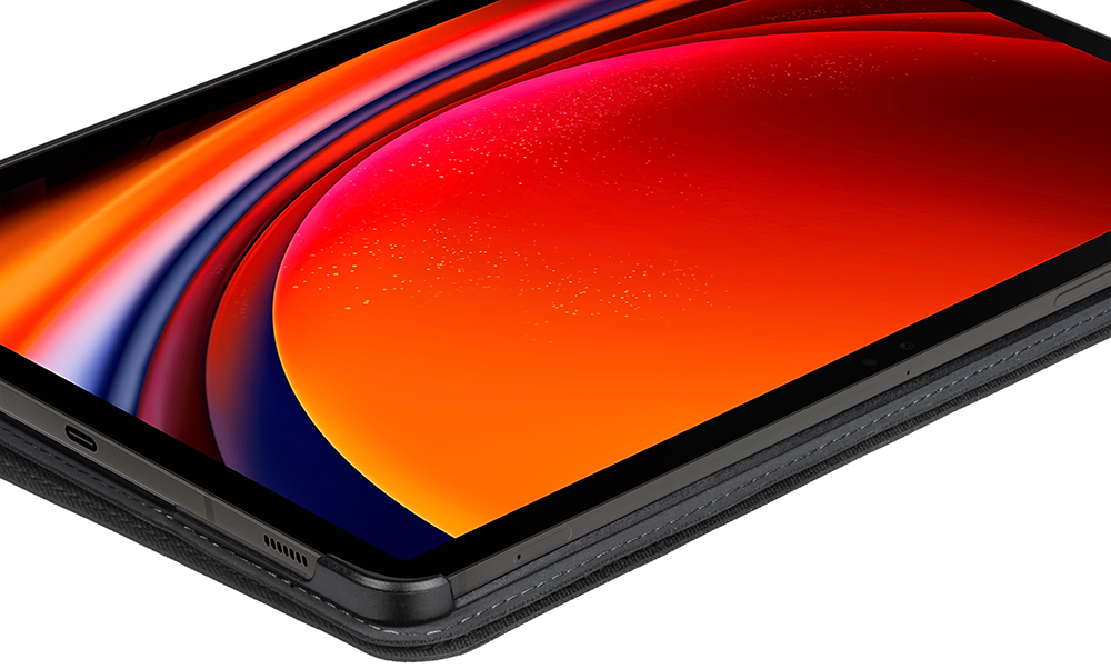 Close-up of a tablet screen with a red and orange abstract background.