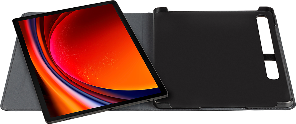 Tablet in a case. The tablet's screen shows a red and orange design. Dark background.