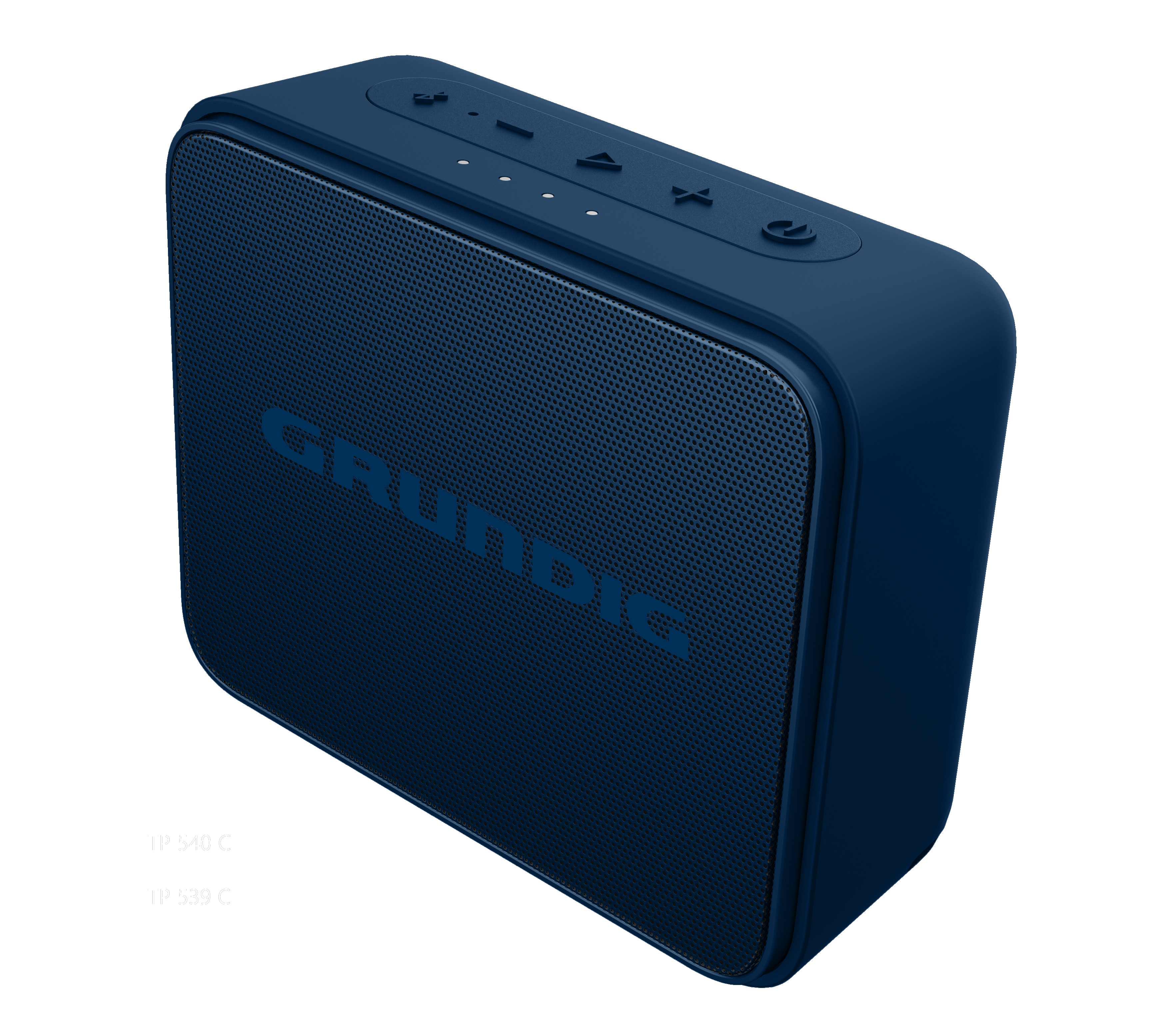 Siyah zemin üzerinde mavi Grundig bluetooth hoparlör, açılı görünüm.
