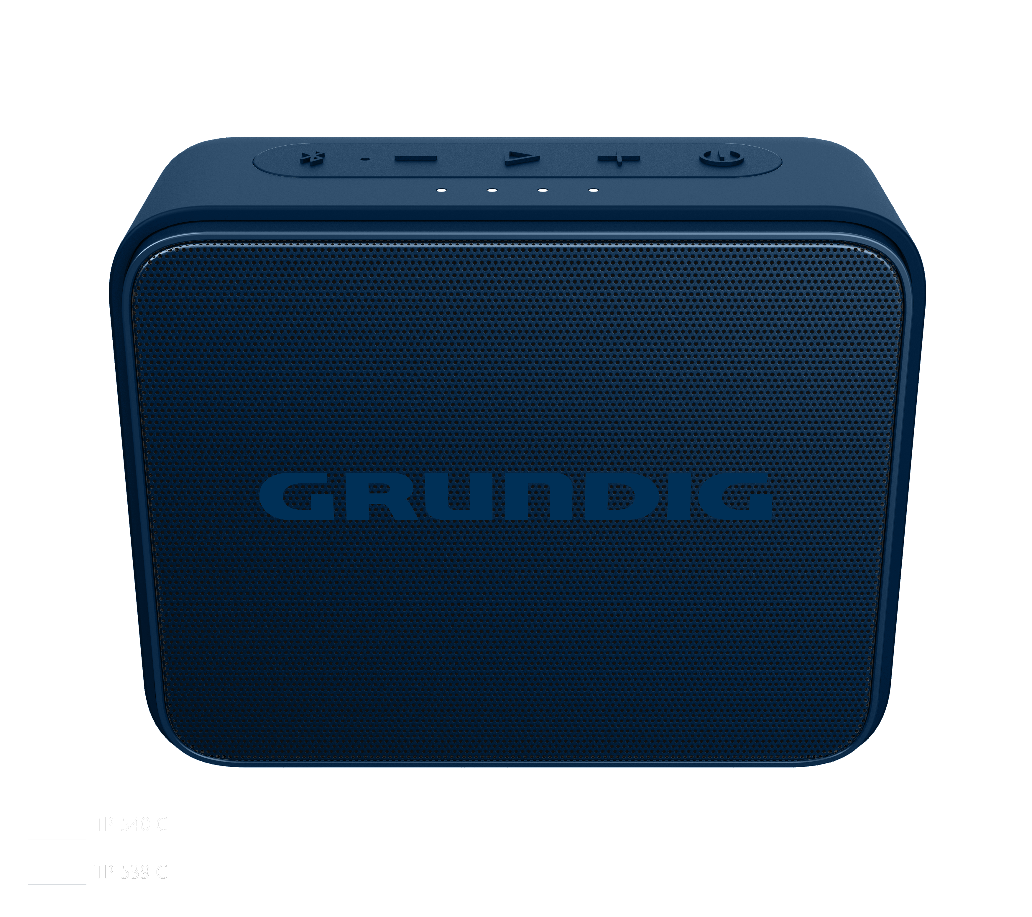 Üstünde kontrolleri olan mavi kare taşınabilir Grundig hoparlör.