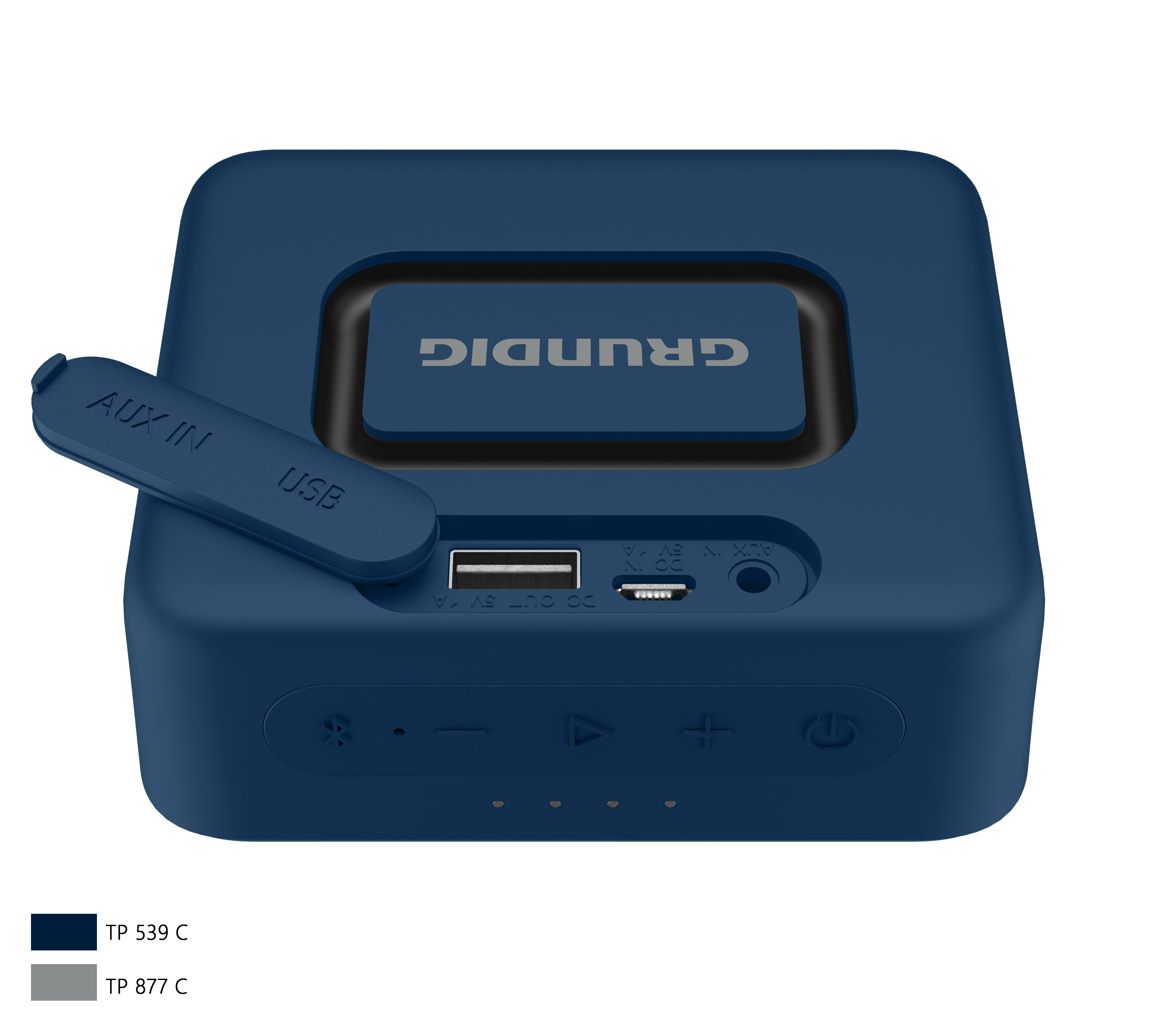 Mavi bir Grundig hoparlörde bir USB ve AUX bağlantı noktası açık.