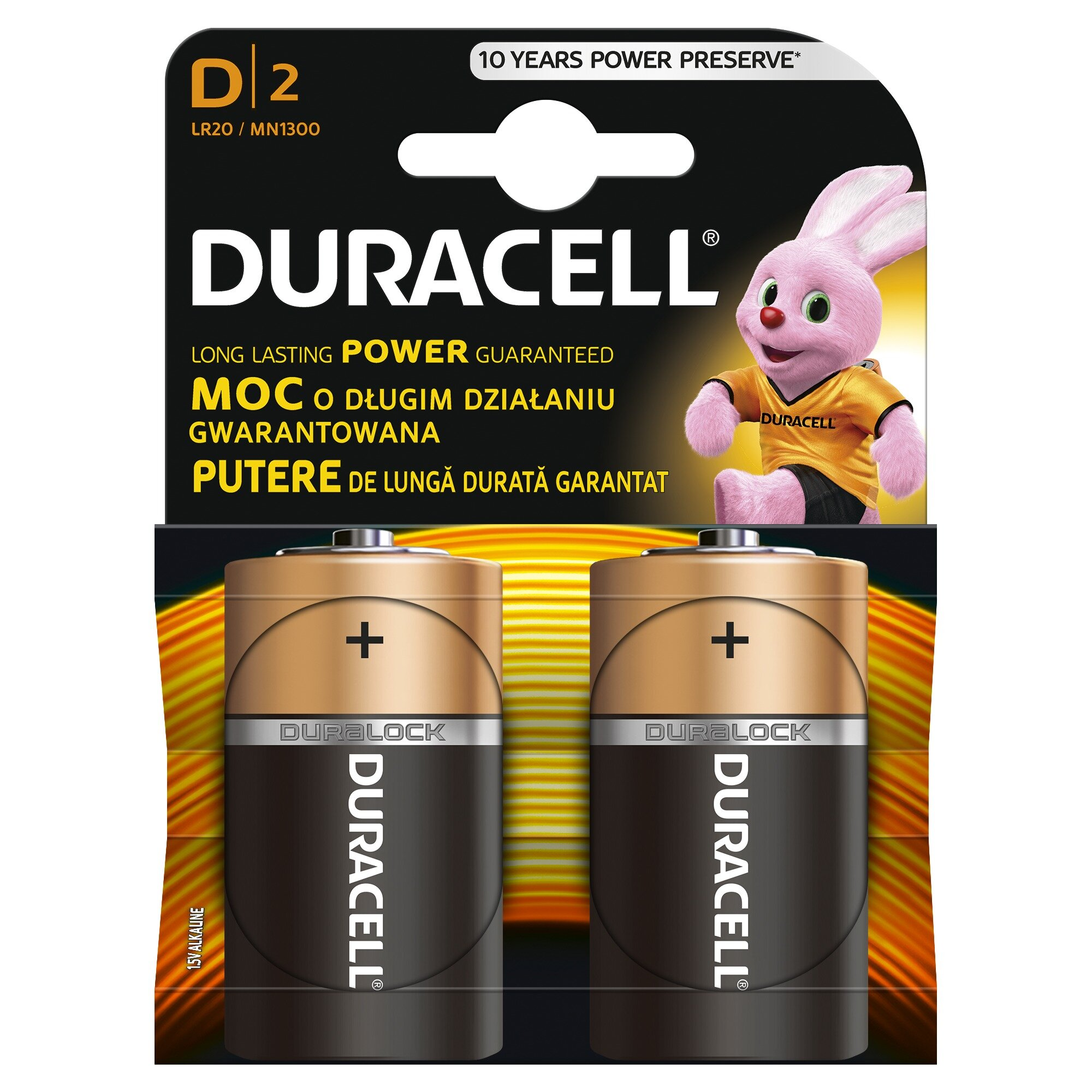Baterie Duracell w opakowaniu. Dwie brązowe i czarne baterie D. Różowy królik na opakowaniu.