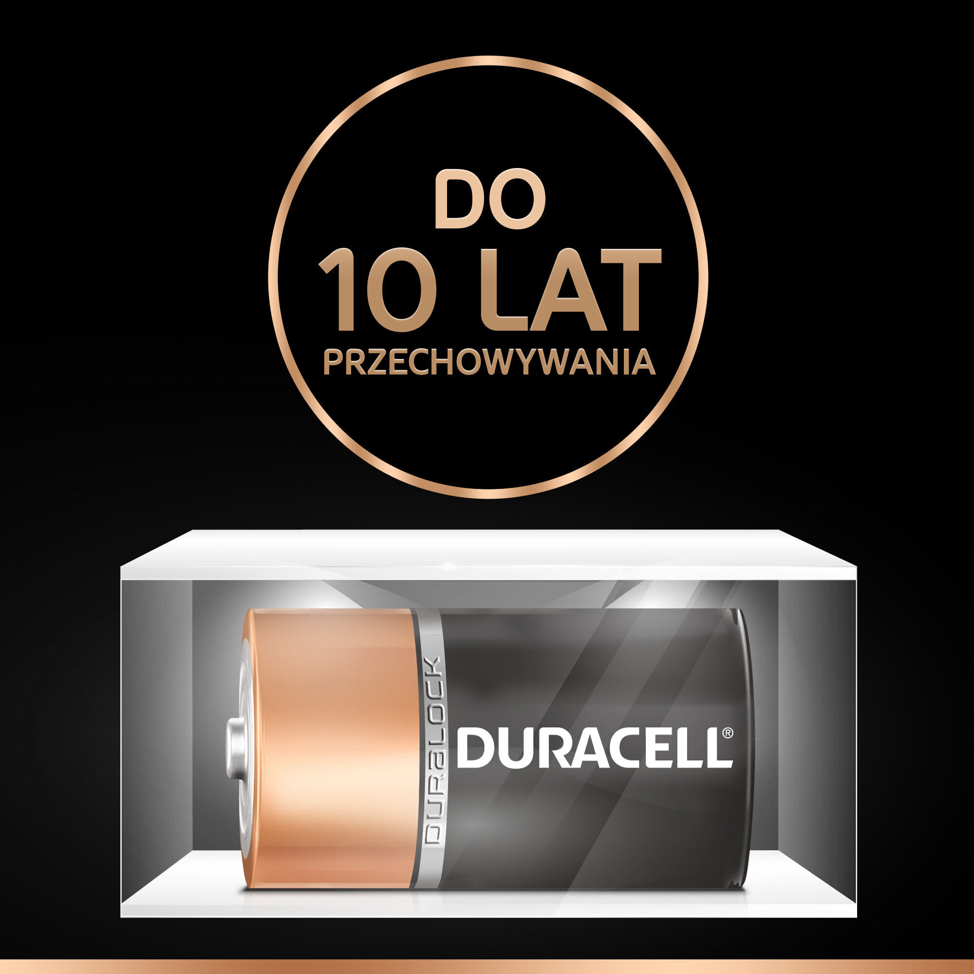Bateria Duracell wewnątrz gabloty. Tekst brzmi 'DO 10 LAT PRZECHOWYWANIA'.