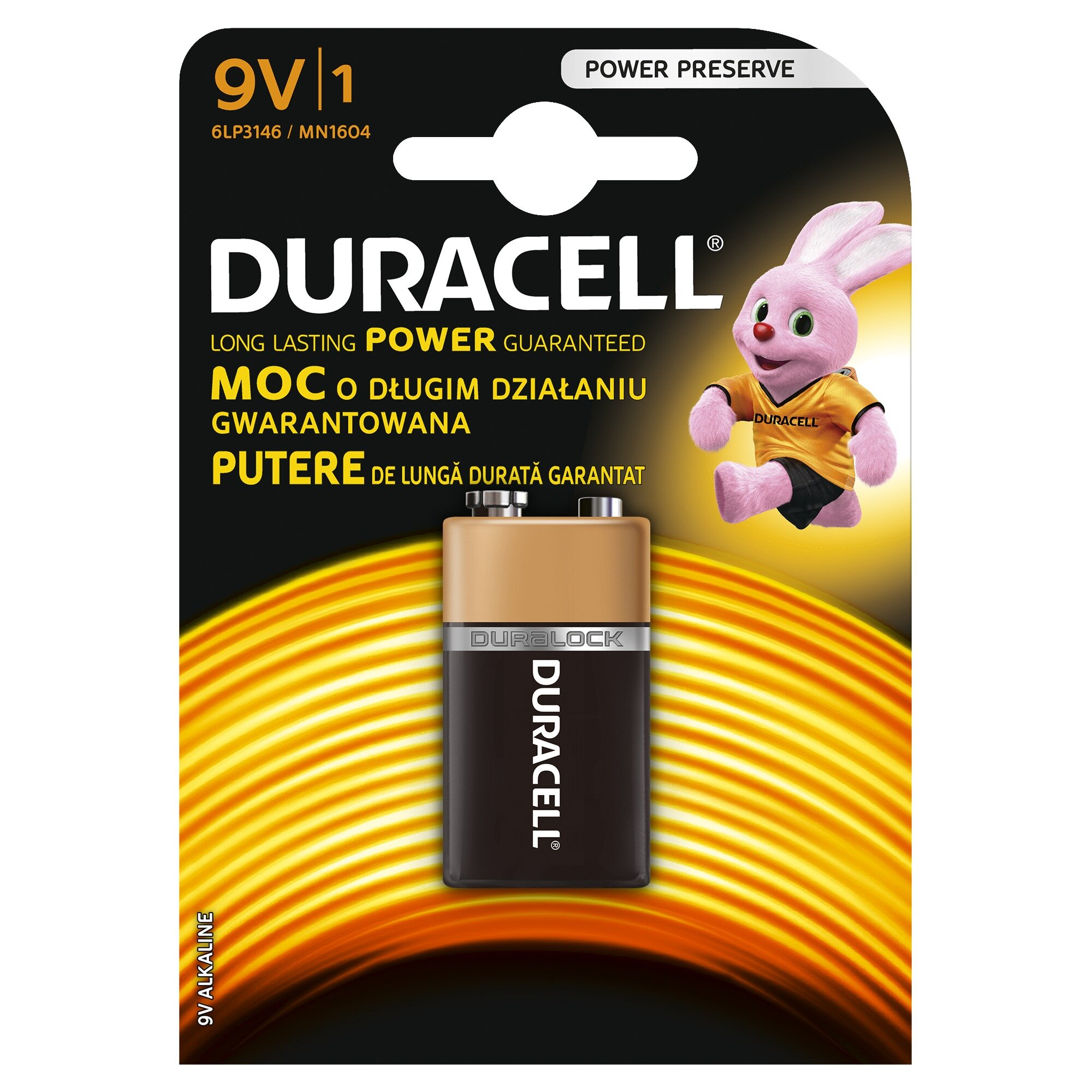 Opakowanie baterii Duracell 9V z różowym królikiem w żółtej koszulce.