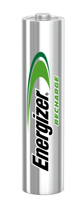 Srebrna bateria AA Energizer Recharge z zielonym i czarnym logo.