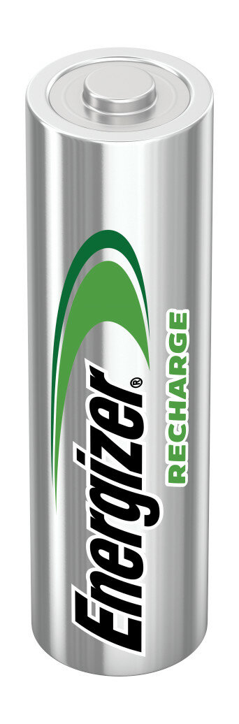 Srebrna bateria AA Energizer Recharge, z zielonym brandingiem, na białym tle.
