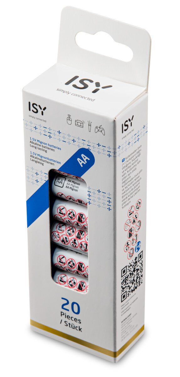 Pudełko baterii AA ISY, z 20 sztukami. Pudełko jest białe i zawiera ostrzeżenia dotyczące baterii.