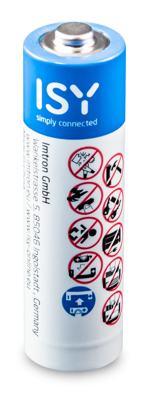 Niebiesko-biała bateria AA ISY z tekstem i symbolami ostrzegawczymi. Bateria jest na białym tle.