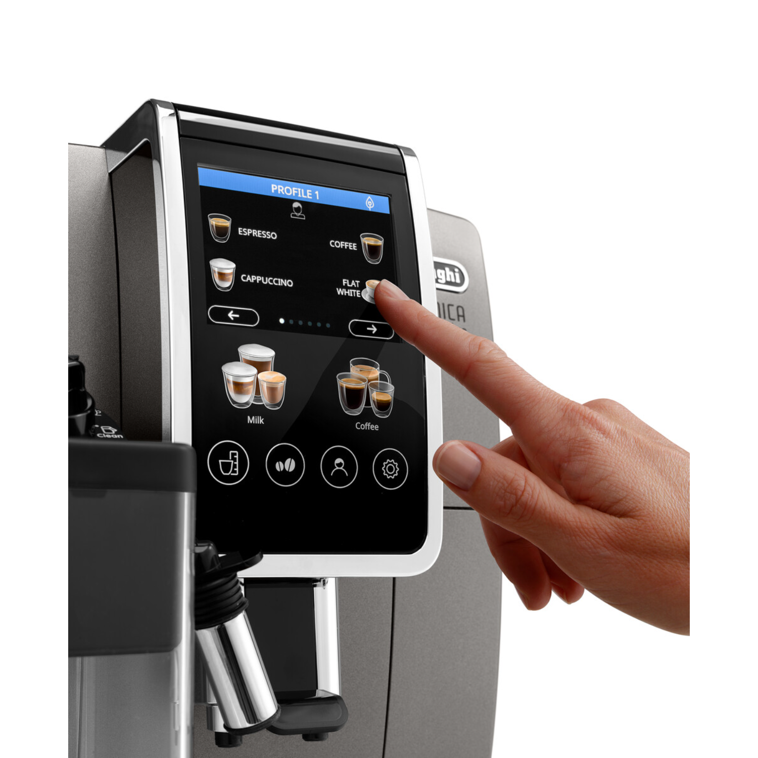 Hand touches a coffee machine's touch screen, selecting coffee options. Background is white.