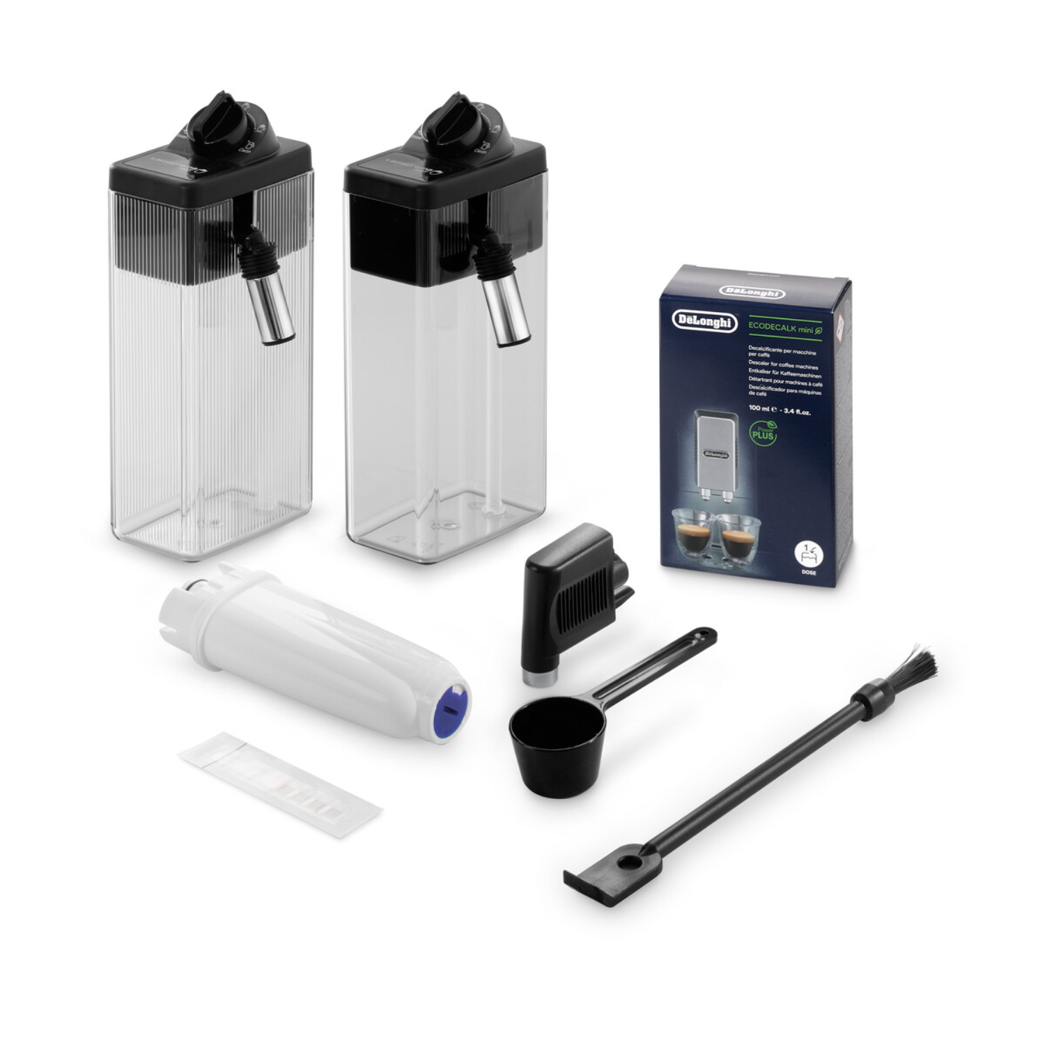 Coffee machine parts: tanks, filter, scoop, brush, and cleaning strips.