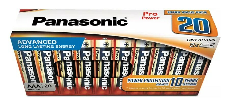 Pudełko baterii Panasonic Pro Power AAA. Zawiera 20 baterii, z informacjami o marce i produkcie.