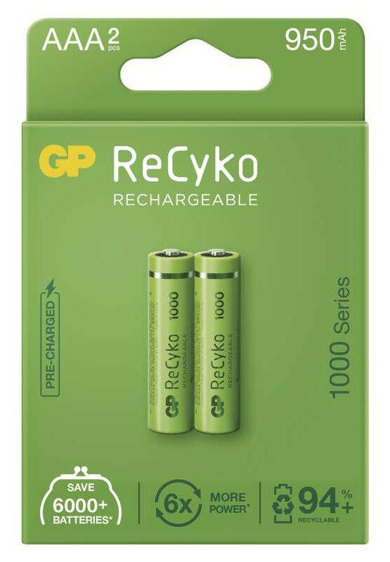 Zielone opakowanie baterii. Zawiera dwie baterie AAA do ponownego ładowania. Tekst zawiera 'ReCyko' i '1000 series'.