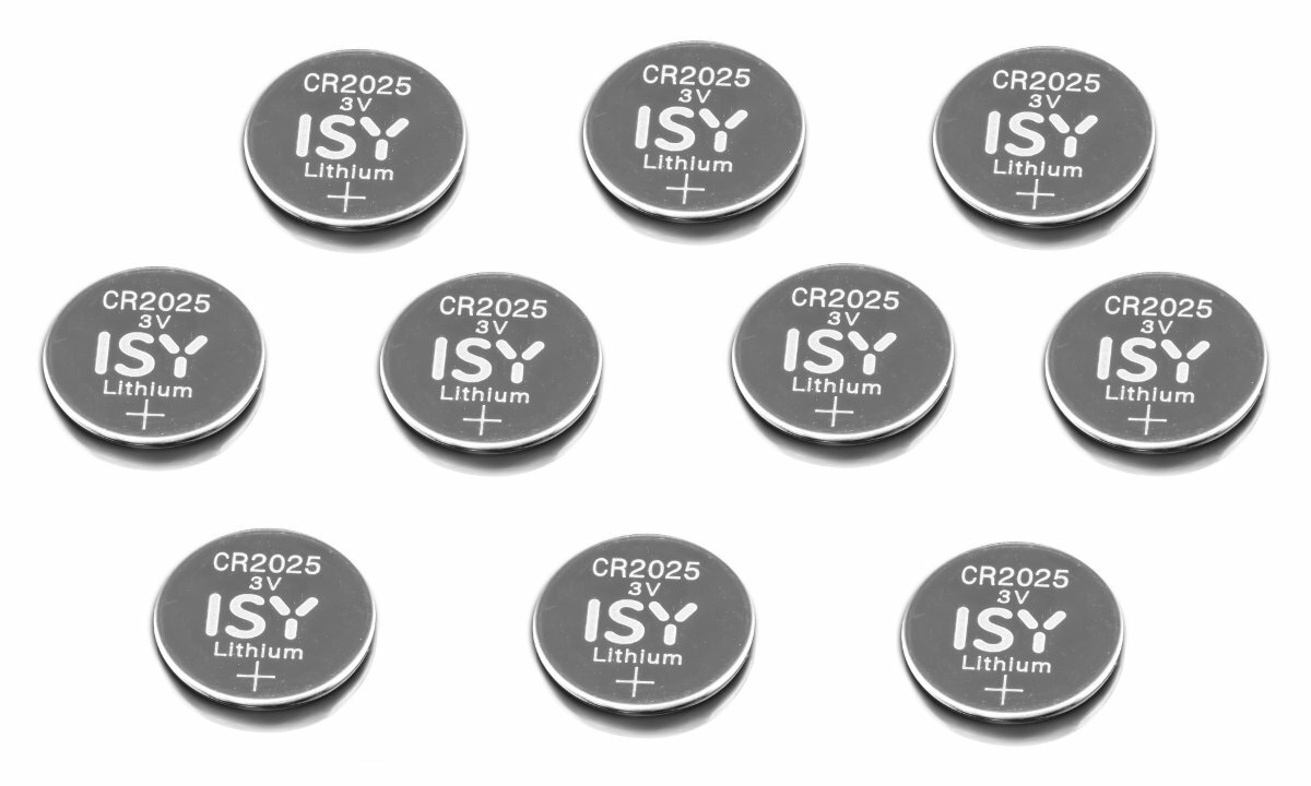 Kolekcja dziesięciu baterii litowych CR2025 3V, ułożonych w siatkę na białej powierzchni.