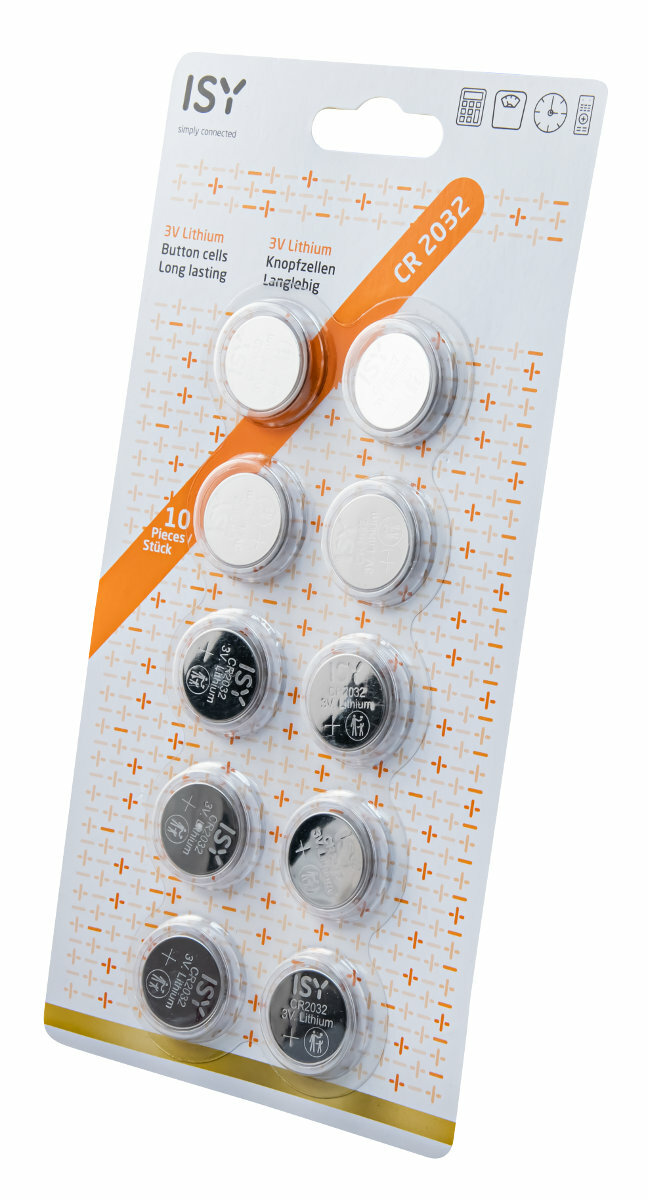 Blister z dziesięcioma bateriami guzikowymi litowymi CR 2032, z tekstem na opakowaniu.