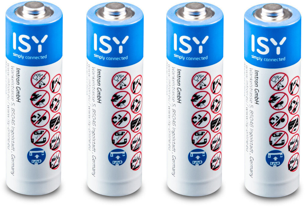 Cztery baterie ISY z niebieskimi nakrętkami i białymi korpusami, ze znakami bezpieczeństwa i tekstem.