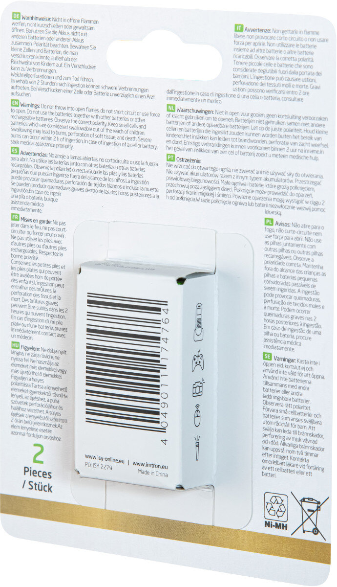 Opakowanie baterii z ostrzeżeniami w wielu językach. Obraz baterii, gry, kontrolera, latarki.