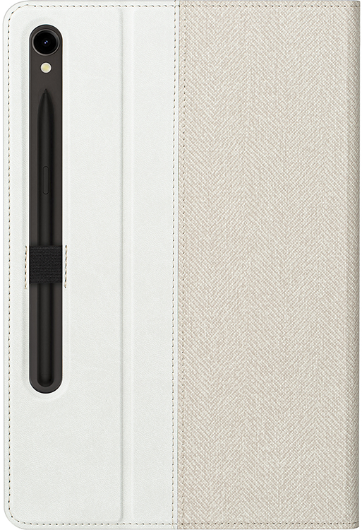 Tablet in a white case with a pen attached to it. The case is open showing the screen.
