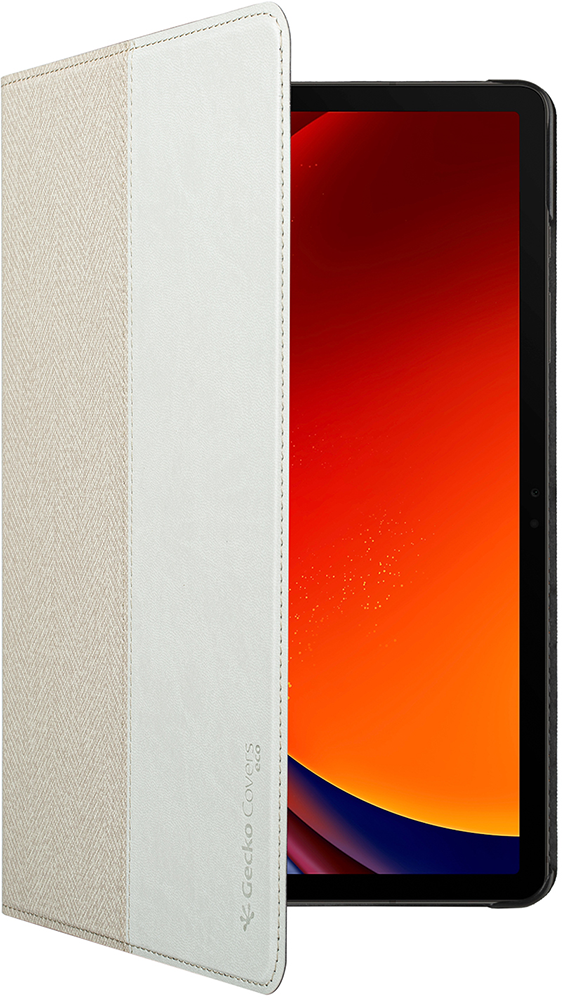 Tablet in a case, white-beige cover open to reveal the screen with an orange-red display.