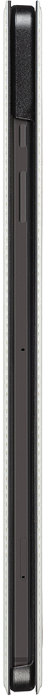 A vertical view of a phone from its side. The phone is white with a black frame.