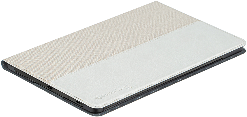 Tablet case, beige fabric top, white leather, and black border.