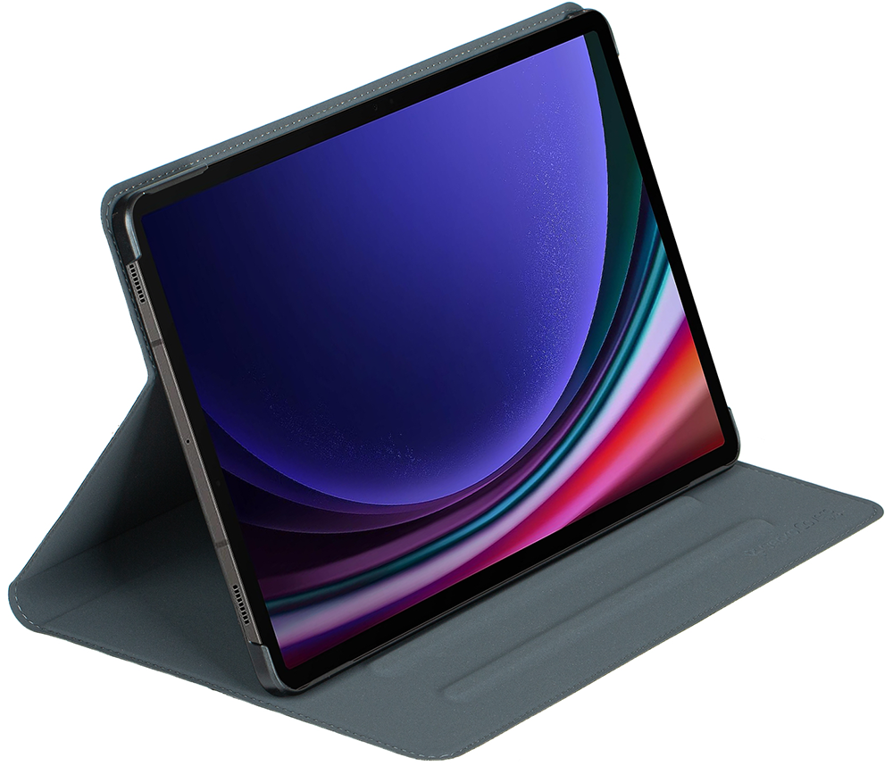 Tablet in a grey case, open to display the screen. The screen shows colorful graphics.