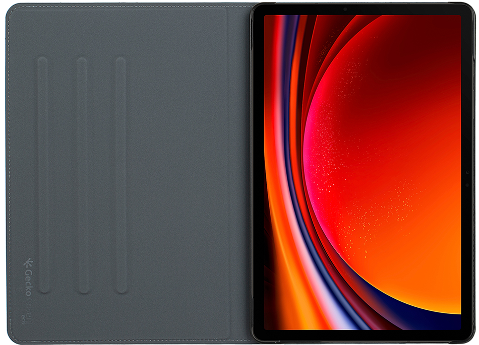 Tablet in a grey case, open to reveal a red and orange display.