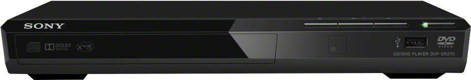 Czarny odtwarzacz DVD z logo Sony. Zawiera tackę na dyski i różne porty.