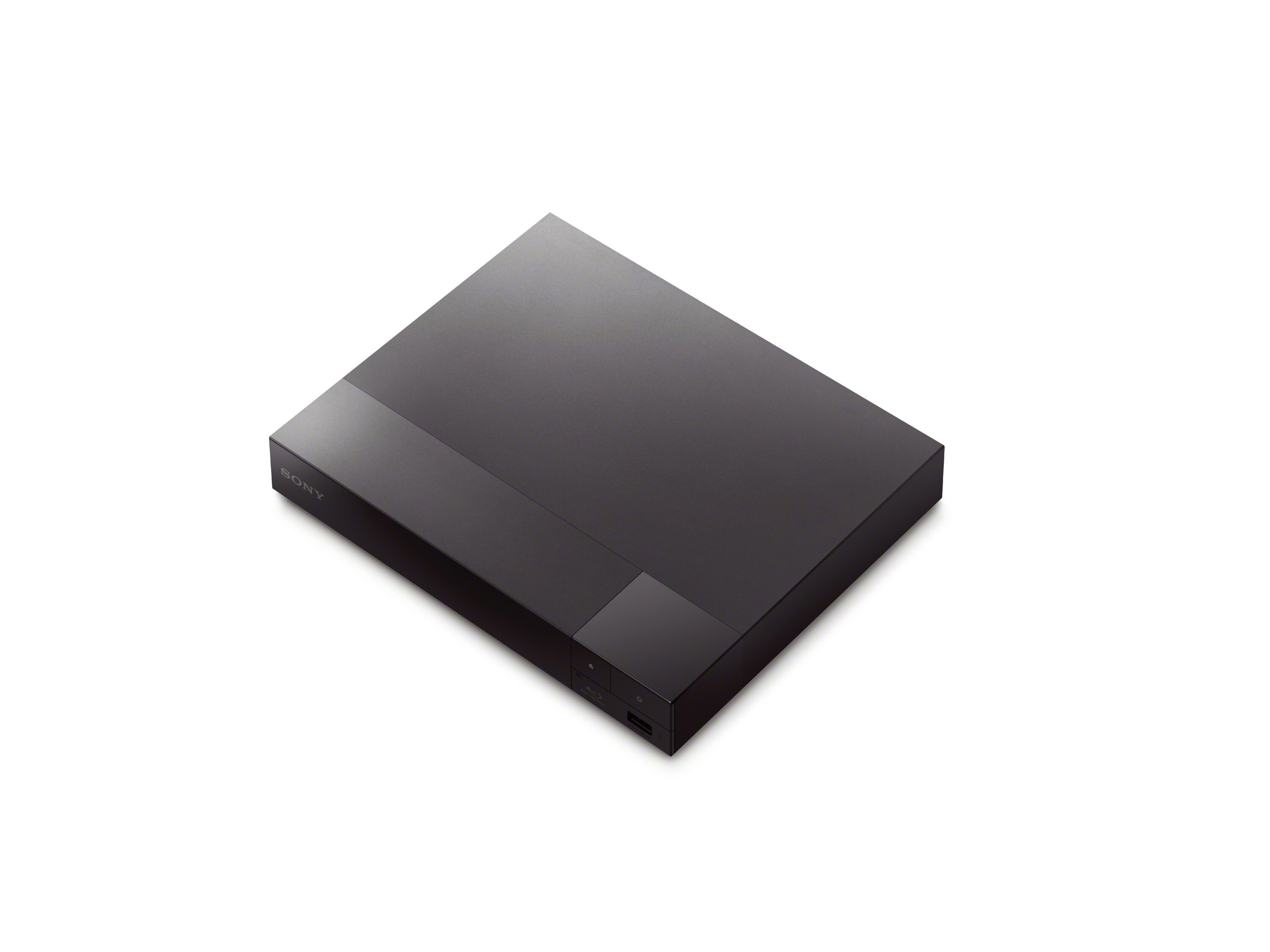 Ciemny, prostokątny, elegancki, czarny odtwarzacz Blu-ray Sony na białym tle. Widok z góry.