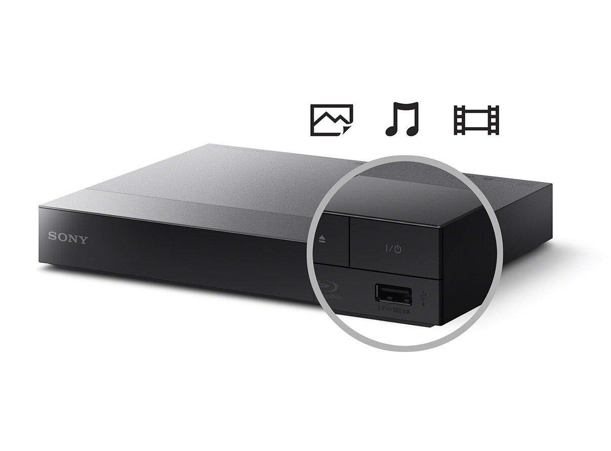 Czarny odtwarzacz Blu-ray z portem USB i trzema ikonami dla zdjęć, muzyki i filmu na białym tle.
