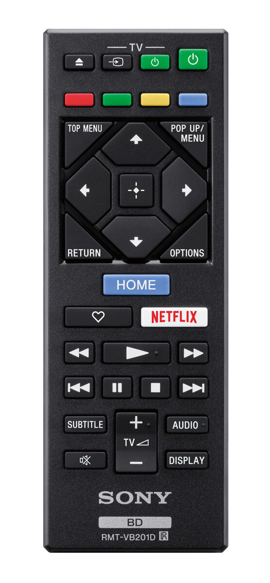 Czarny pilot do telewizora z przyciskami. Przyciski obejmują zasilanie, Netflix i strzałki.