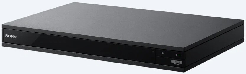 Czarny odtwarzacz Blu-ray Sony na białej powierzchni, prosty design.