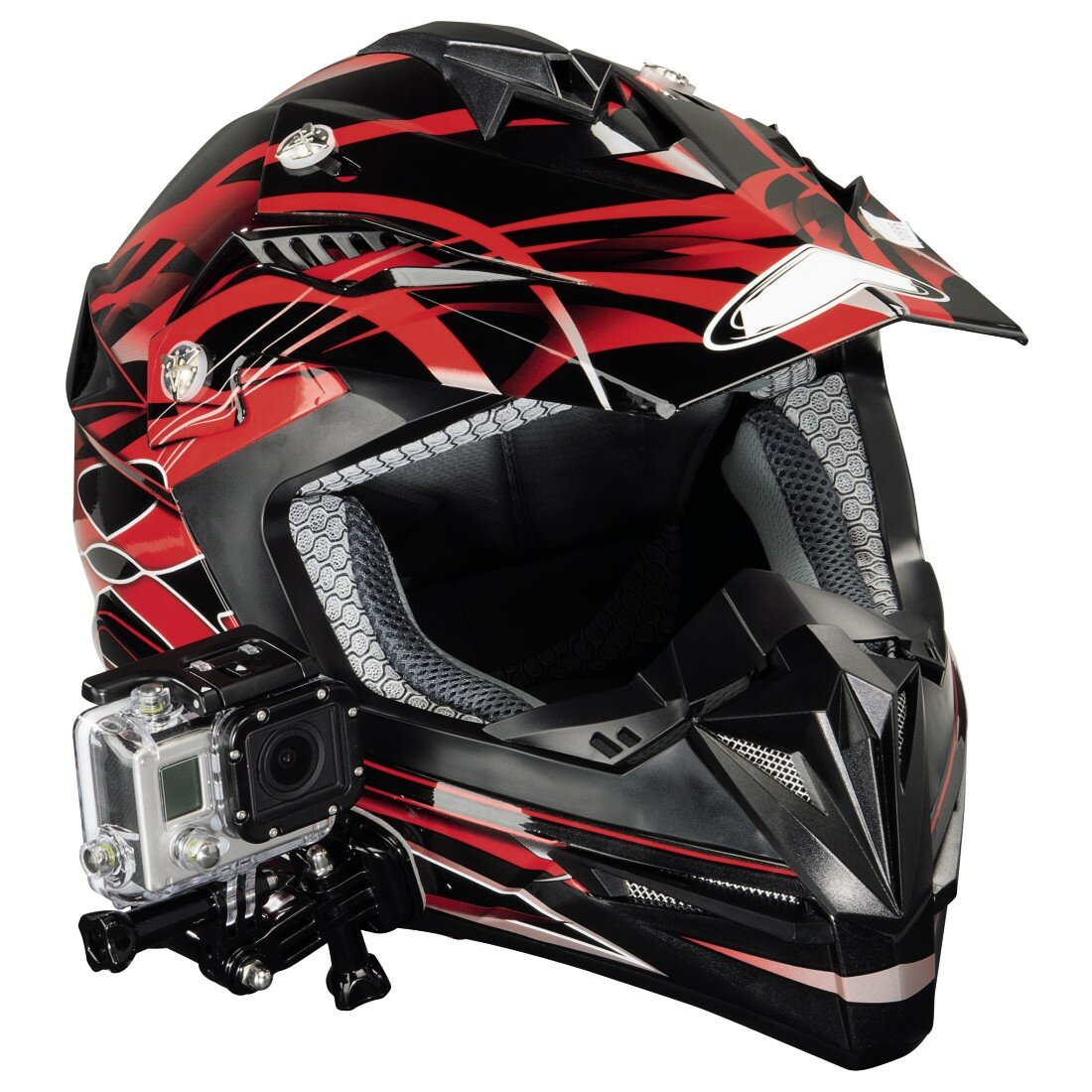 Kask motocyklowy z dołączoną kamerą GoPro. Kask jest czarny i czerwony.