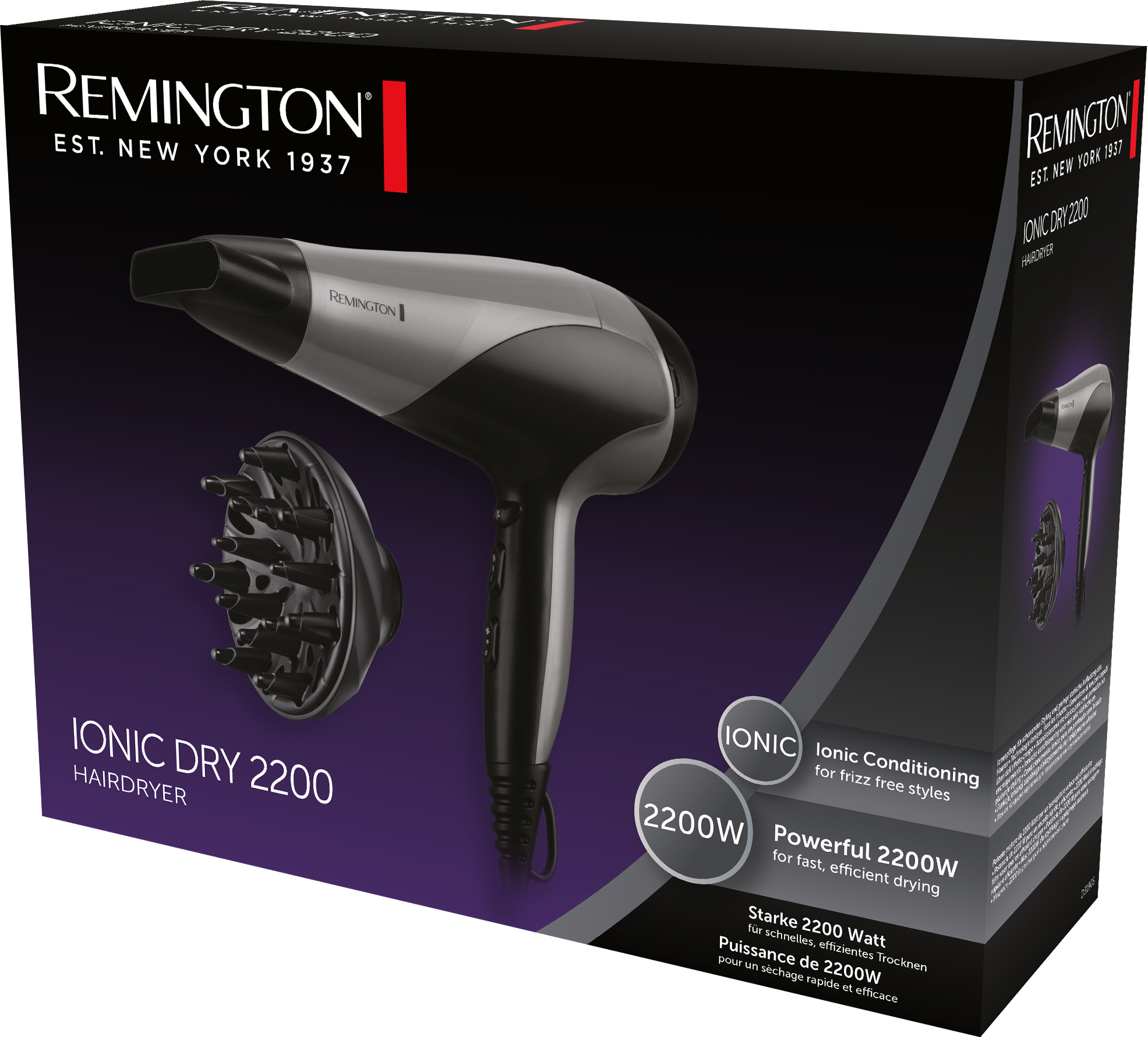 Remington Ionic Dry 2200 Haartrockner in einer schwarz-grauen Box.