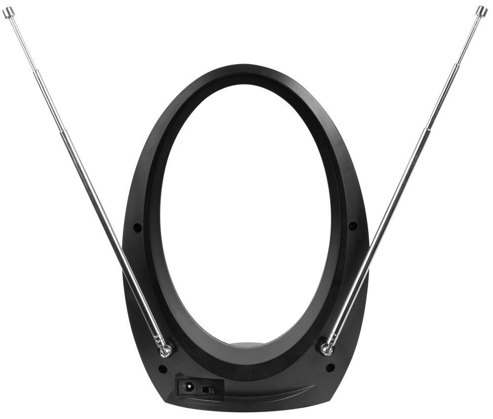 Czarna antena telewizyjna wewnętrzna o owalnym kształcie z dwiema srebrnymi antenami skierowanymi na zewnątrz. Białe tło.