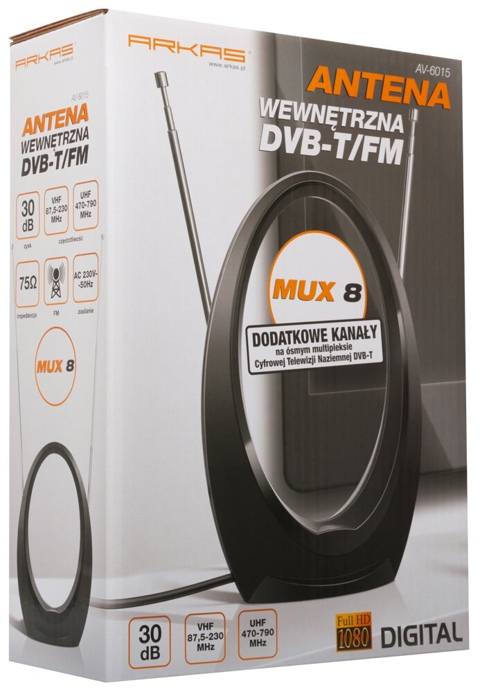 Pudełko anteny DVB-T/FM. Pudełko zawiera obraz i specyfikacje anteny. Ma czarną antenę i napis 'MUX 8'.