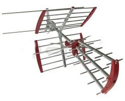 Antena z czerwonymi ramionami wspornikowymi, z wieloma elementami metalowymi.